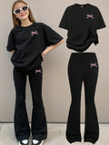 SEFFRA 2Pcs Tween Girls Casual Minimalist Bow Detail Loose Fit Short Sleeve T-Shirt & Flare Leg Pants Set, Summer