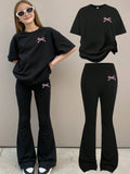 SEFFRA 2Pcs Tween Girls Casual Minimalist Bow Detail Loose Fit Short Sleeve T-Shirt & Flare Leg Pants Set, Summer