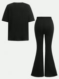 SEFFRA 2Pcs Tween Girls Casual Minimalist Bow Detail Loose Fit Short Sleeve T-Shirt & Flare Leg Pants Set, Summer